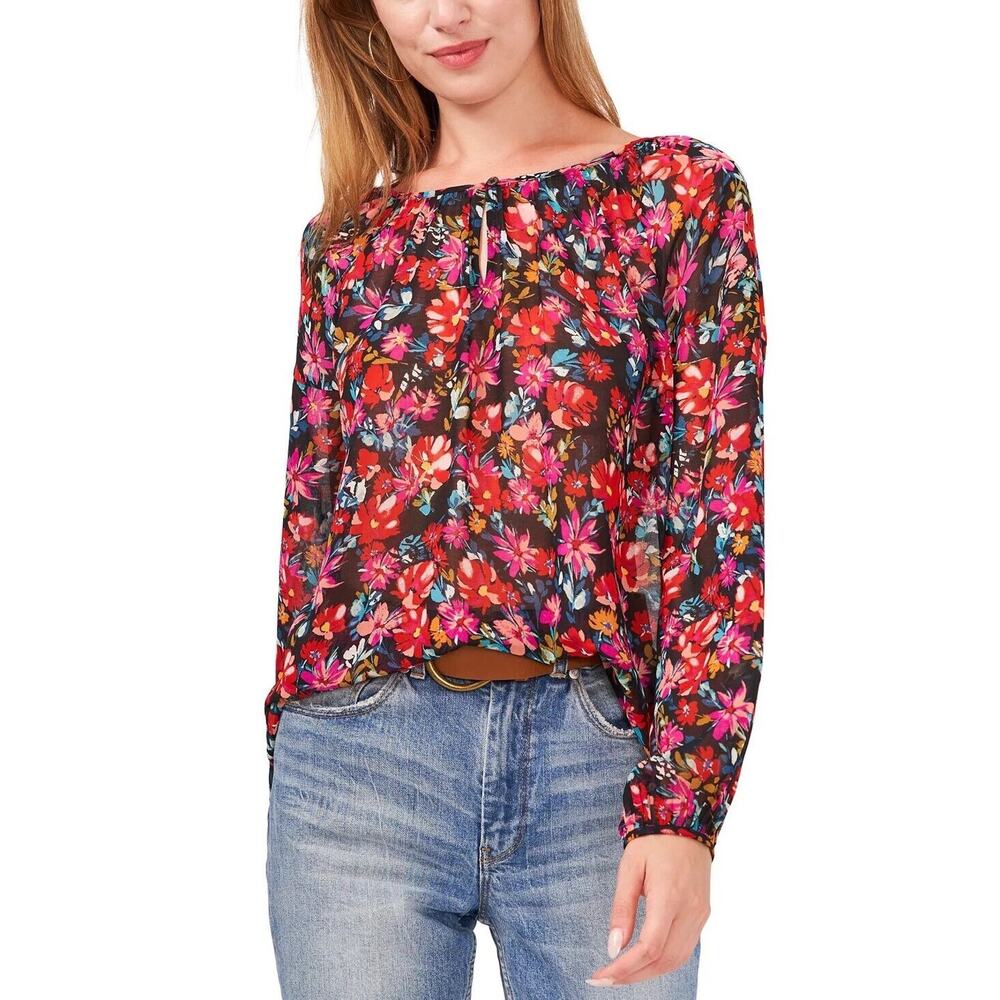 Vince Camuto Women Floral Semi Sheer Peasant Boho Long Sleeve Blouse Size XS